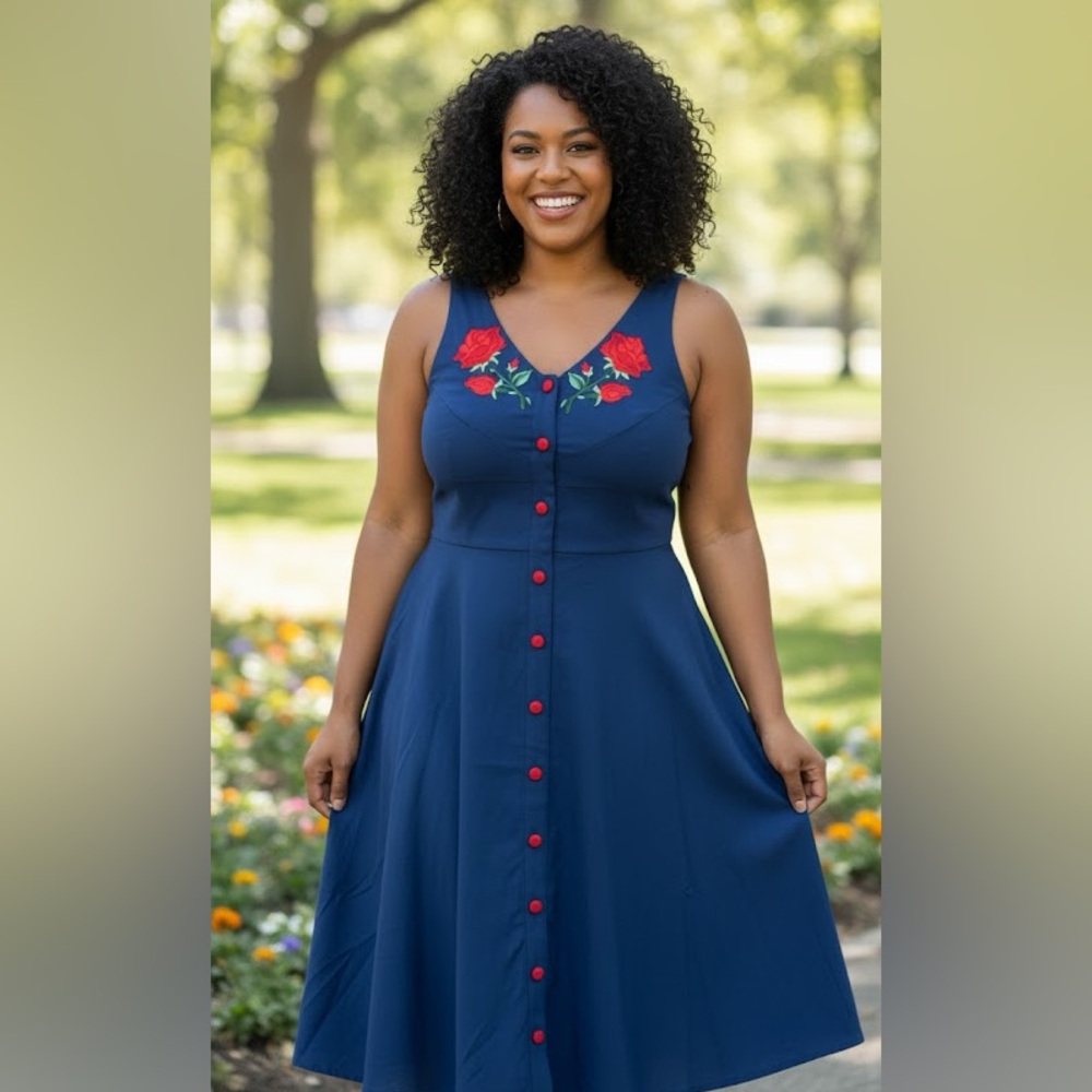 Navy Dress with Red Rose Embroidery Vintage retro A-line